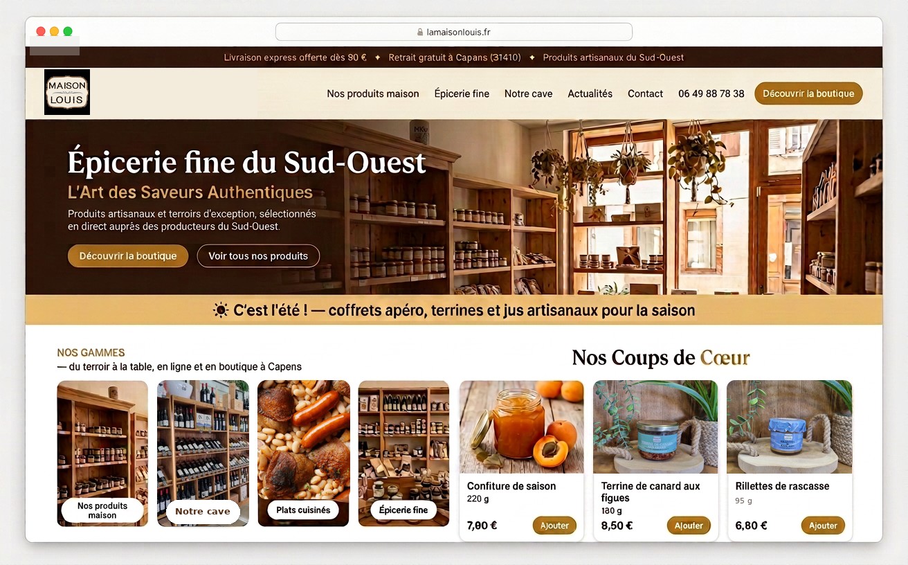 Page d'accueil de lamaisonlouis.fr : épicerie fine du Sud-Ouest, site marchand et boutique physique à Capens, dans sa charte graphique réelle